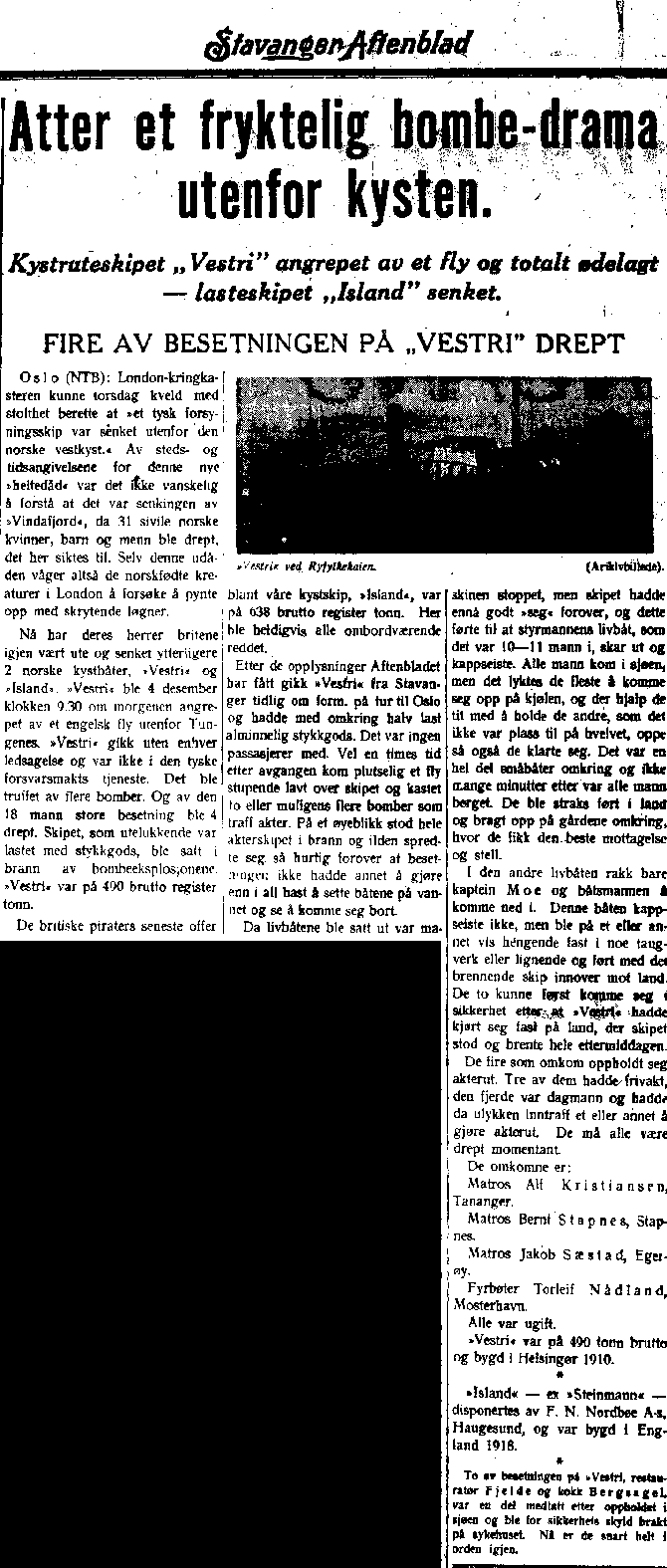 1941-12-06 - Artikkel SA om Vestri forliset